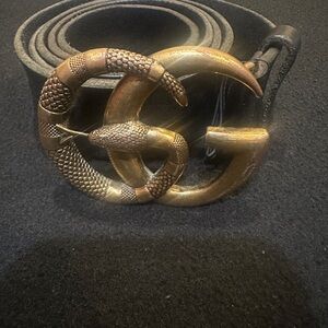 Gucci GG Marmont Snake Buckle Black Leather Belt Gold Tone